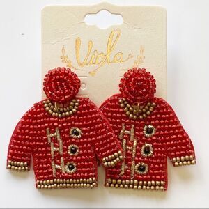 Red and Gold Boho Seed Beaded Ho Ho Ho Ugly Christmas Sweater Earrings